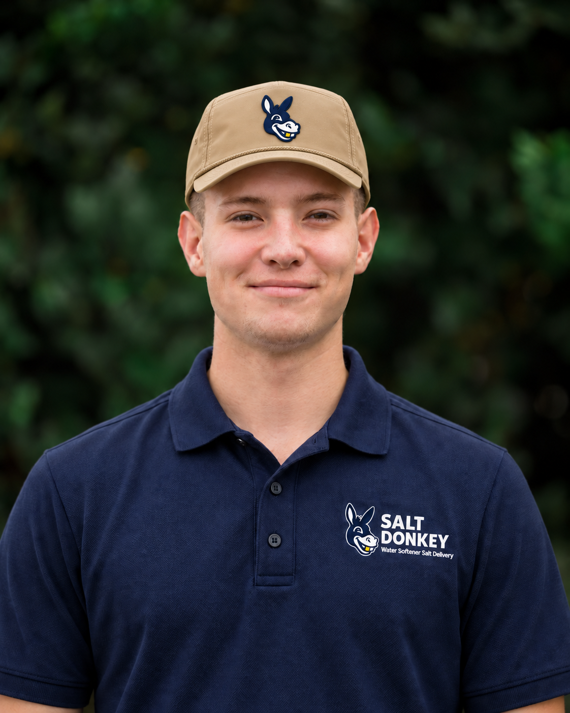 Ty Littlefield pictured in a Salt Donkey uniform mockup with a tan five-panel hydro hat